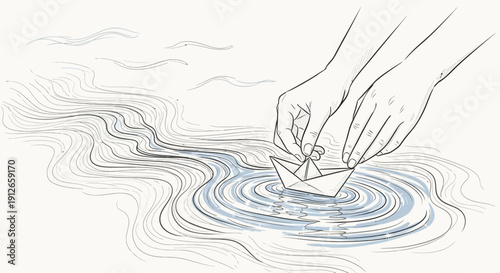 A delicately sketched illustration depicts hands gently releasing a small origami paper boat onto a flowing rippling water surface high quality professional detailed modern
