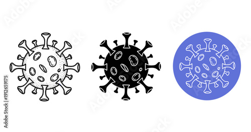 Hand-drawn and stylized virus icons in black, white, and blue variations