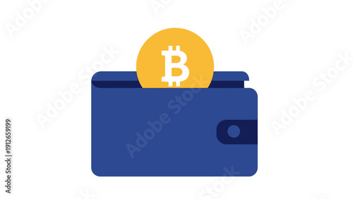 Bitcoin Coin in Crypto Wallet. Digital cryptocurrency storage, blockchain finance, and secure investment flat vector illustration.