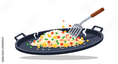Delicious fried rice dish with colorful ingredients like shrimp, peas, and corn being expertly stirred in a hot black pan with a metal spatula