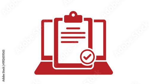 Online Form Completion Icon. Digital Checklist, Survey, or Assessment Report on Laptop Screen with Red Checkmark. Successful Submission Vector.