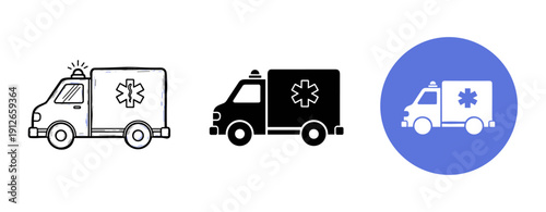 Ambulance icons set: hand-drawn, solid, flat styles with medical cross symbol