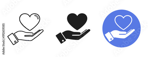 Hand holding heart icon variations - line, solid, blue circle background