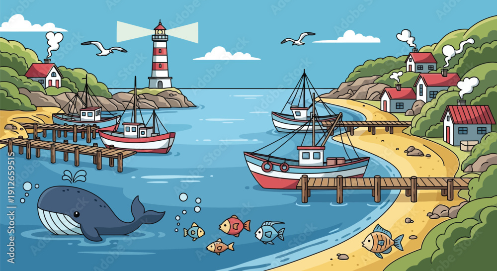 Εκτύπωση καμβά Cartoon coastal village harbor with lighthouse whale and fishing boats