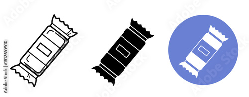 Candy wrapper icons in black, white, and blue circle