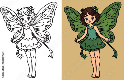 Cute cartoon fairy with detailed wings smiling happily
