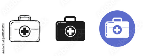 First aid kit icons in outline, solid, and colored styles