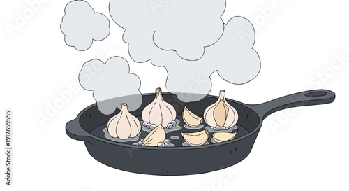 Fresh garlic cloves and whole bulbs are gently sautéing in a hot cast iron pan, releasing fragrant steam and rich aromas for a delightful culinary