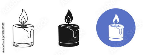 Candle icon set with flame illustration in black, white, and blue variants