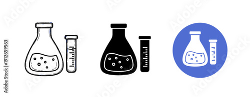 Set of laboratory flask and test tube illustrations in black and blue styles