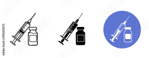 Syringe and vaccine vial icons: black and white, blue background variations