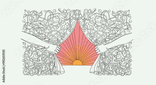 Unveiled Dawn  Hands Pulling Back Patterned Curtains to Reveal Vibrant Sunrise, A Conceptual Illustration of Hope and Renewal
