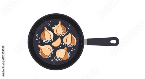 Overhead illustration of garlic cloves and a slice frying in a pan with oil bubbles, symbolizing cooking preparation and culinary ingredients for