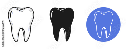 Abstract tooth symbols: black and white outlines with blue circle background