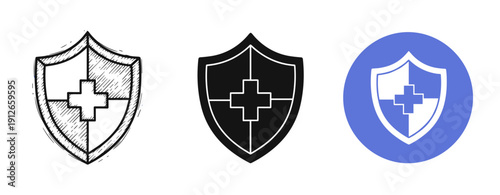 Cross-emblazoned shield icons: sketch, solid, and blue variations