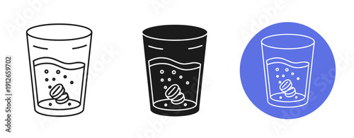 Set of fizzy drinks in glasses with effervescent tablets icons