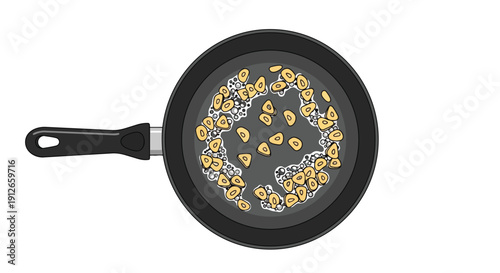 Overhead view showcasing sliced garlic cloves sizzling in hot oil within a non-stick frying pan, a fundamental step in countless culinary creations