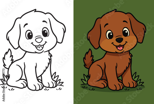 Cute puppy sitting on grass happy playful dog smiling outline drawing for coloring