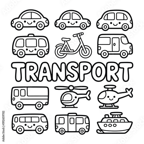Cute Transport Doodle: A whimsical collection of various transport vehicles, each smiling and ready for adventure.