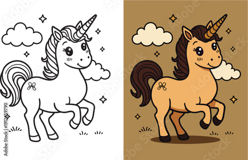 Cute unicorn coloring page for children featuring magical horse with horn stars and clouds