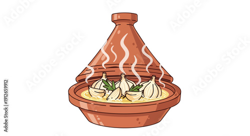 Traditional tagine pot with aromatic garlic bulbs simmering, emitting fragrant steam