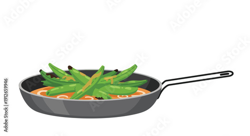 Fresh green pods gently cooked in a pan with a flavorful amber sauce, emphasizing healthy and simple home cooking.