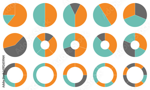 Pie chart graphics vector, multicolored circular diagrams with 2 3 4 5 6 segments, infographic icons for business reports, UI interface design, web analytics, and presentation charts.