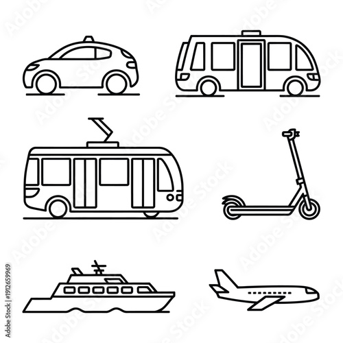 Transportation Icons: A collection of meticulously crafted line icons representing diverse modes of transport. From the sleek lines of a taxi to the soaring silhouette of an airplane.