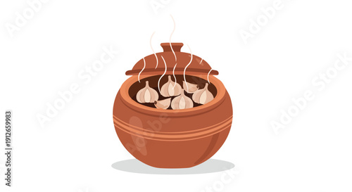 Traditional ceramic pot gently steaming multiple whole garlic bulbs, releasing a delightful fragrance perfect for infusing dishes and preparing