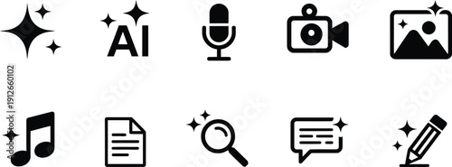 Set of 10 minimalist black and white icons, versatile for web and print, abstract shapes and symbols for modern design projects.