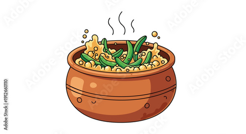 Hearty cartoon pot bubbling with vibrant green beans and golden grains ready for a warm meal