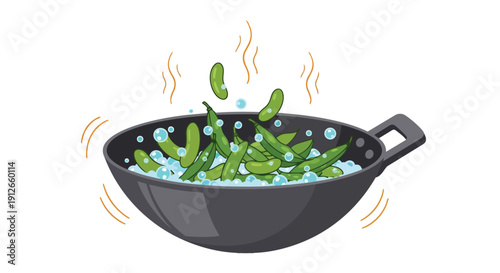 Vibrant green edamame pods gently simmering in a dark pan, indicating a healthy cooking process