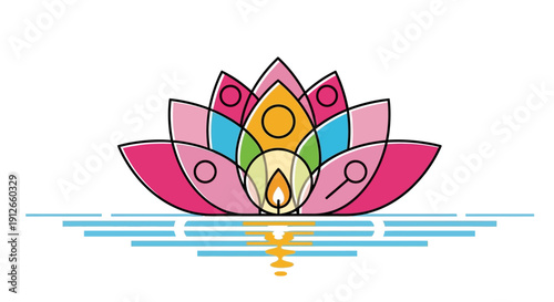 Colorful Lotus Flower Illustration with Water Reflection