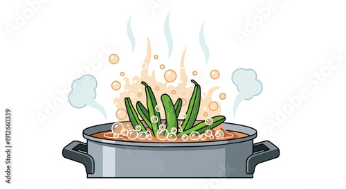 Vibrant green pods gently blanching in a bubbling saucepan, steam gracefully rising. A stylized illustration portraying healthy vegetable