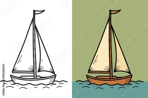 Sailboat coloring page simple yacht ship floating on ocean waves marine travel illustration
