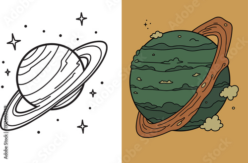 Simplified planet with rings coloring page featuring stars in space for kindergarten artist