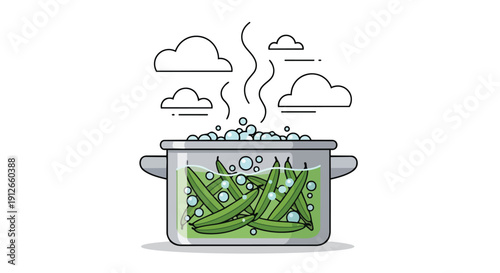 A vibrant illustration of fresh green beans gently simmering in a bubbling pot, creating a wholesome, nutritious meal preparation scene, showcasing