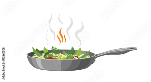 Sizzling pan of fresh ingredients cooking, emitting steam and delicious aromas, perfect for culinary content and healthy eating