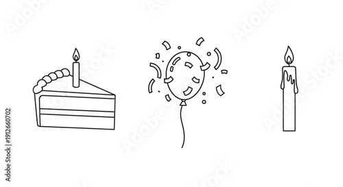 Birthday Celebration Icons: Cake Slice, Balloon with Confetti, and Candle