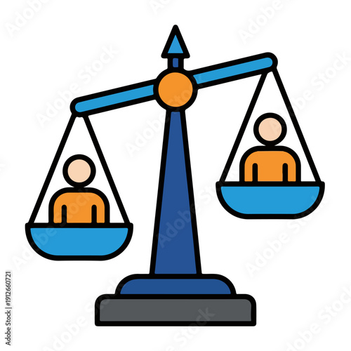 A digital illustration of a blue scale with two equal orange human figures in bowls on either side, set against a white background. Perfect for social justice day, equality campaigns