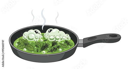 Enchanting culinary illustration depicting bubbling green liquid infused with fragrant herbs, two whimsical cloud-like creatures steaming gently in