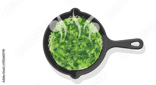 Vibrant green leafy vegetables simmering in a rustic cast iron skillet, emitting a fresh culinary aroma