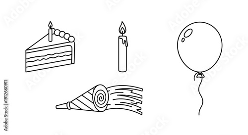 Birthday Party Icons: Cake Slice, Candle, Party Horn, Balloon - Simple Line Art