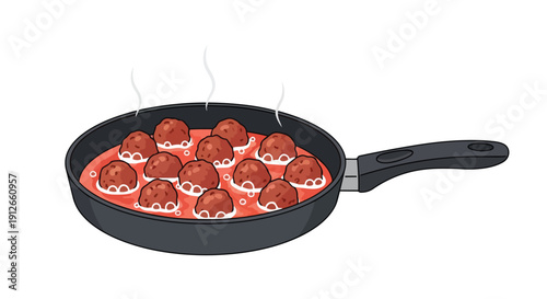 Stylized illustration of savory meatballs simmering in rich tomato sauce within a non-stick pan, perfect for culinary projects