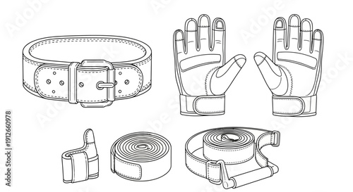 Weightlifting accessories: belt, gloves, wrist wraps, and resistance band