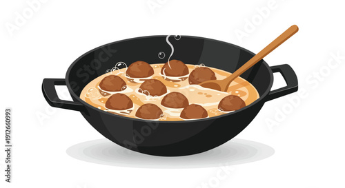 Warm meatballs simmering in a rich, creamy sauce inside a dark pan with a wooden spoon, evoking comfort food and a delicious hearty meal illustration