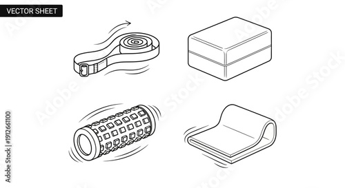 Yoga and Fitness Equipment Set: Mat, Foam Roller, Blocks, Strap - Vector Line Art