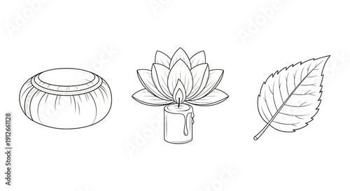 Zen elements: lotus candle, leaf, and cushion for meditation and spa