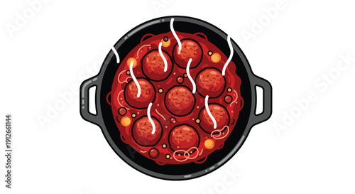 A steaming pot of savory meatballs simmering in a rich, vibrant tomato sauce, ready to be served, an inviting culinary delight. A hearty comforting