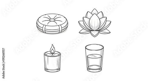 Zen meditation set: cushion, lotus flower, candle, water glass. Serenity, balance, mindfulness.
